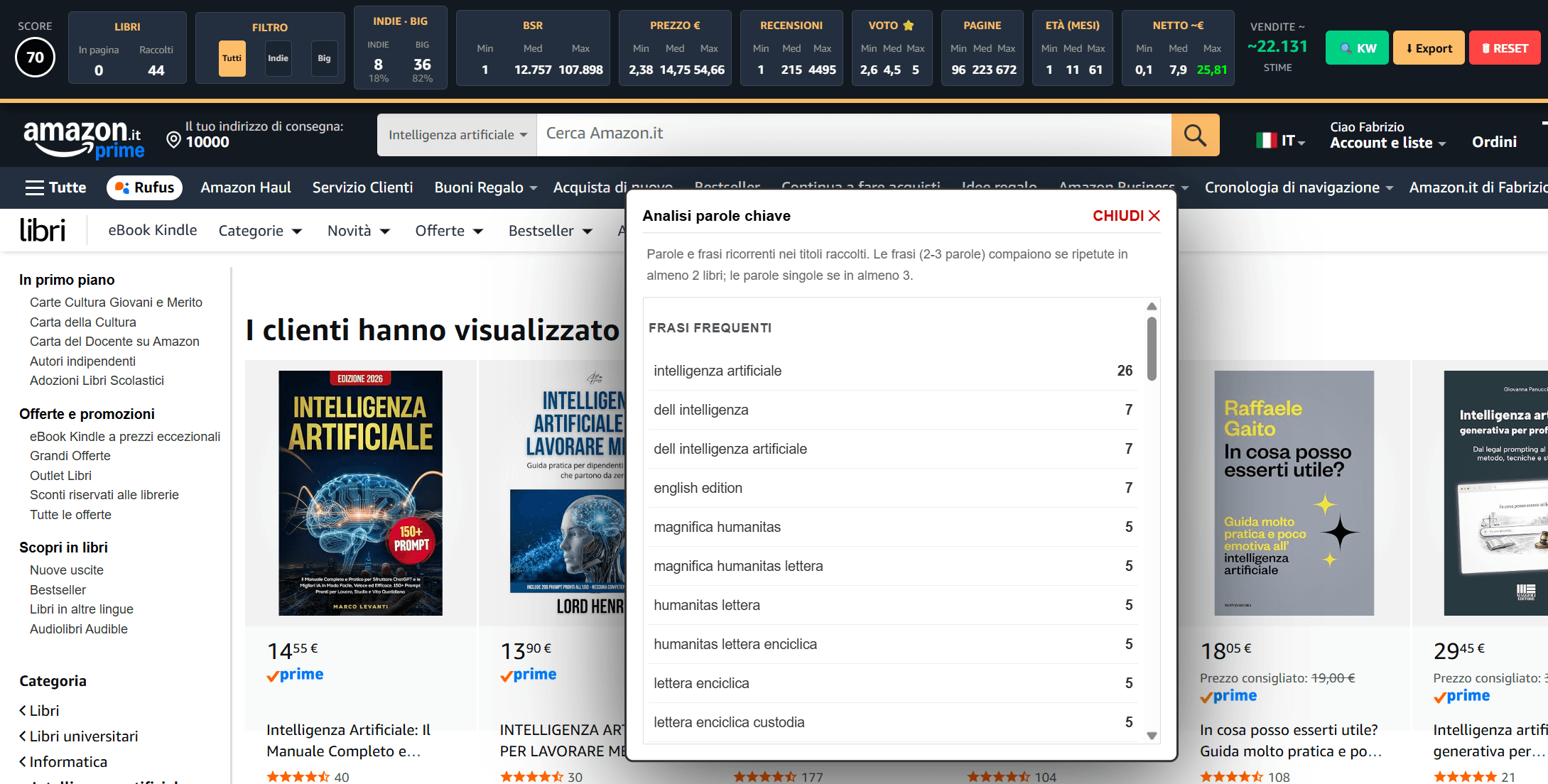 Barra dashboard con filtri Indie/Big
